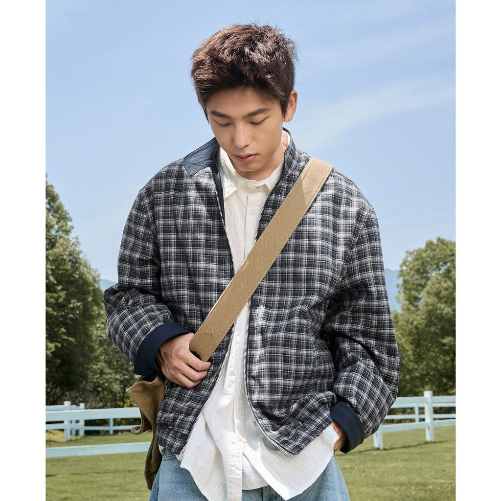 Double-sided retro plaid Harrington tooling jacket men's autumn trendy brand casual stand-up collar loose sports jacket