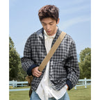 Double-sided retro plaid Harrington tooling jacket men's autumn trendy brand casual stand-up collar loose sports jacket