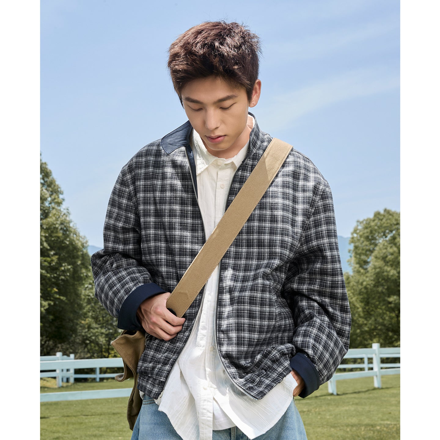 Double-sided retro plaid Harrington tooling jacket men's autumn trendy brand casual stand-up collar loose sports jacket