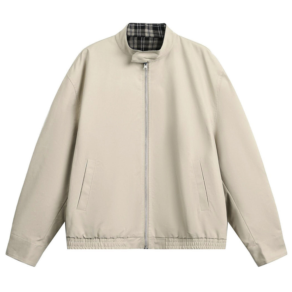 Double-sided retro plaid Harrington tooling jacket men's autumn trendy brand casual stand-up collar loose sports jacket