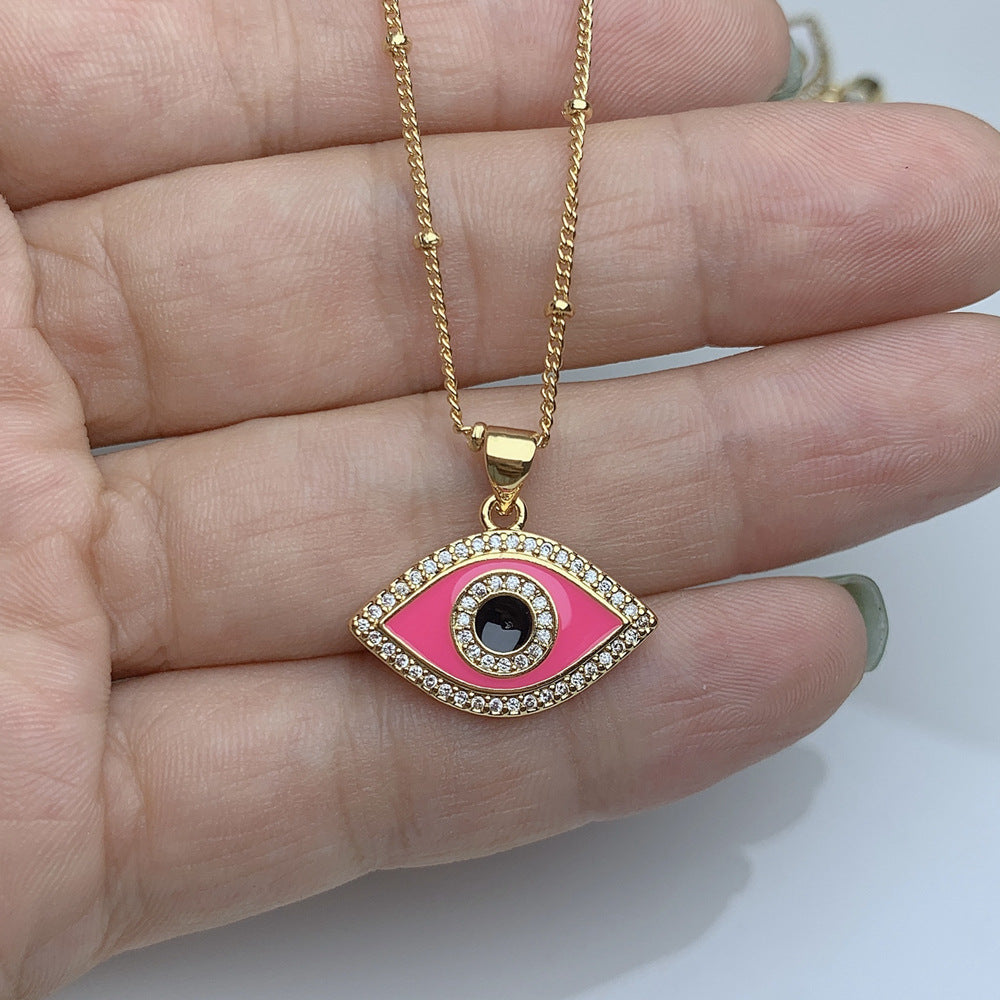 Oil-splashed zircon evil eye pendant necklace