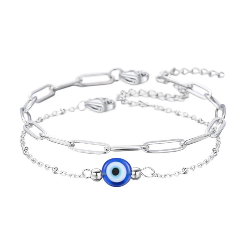Blue Demon Eye Bracelet Stainless Steel Paperclip Chain