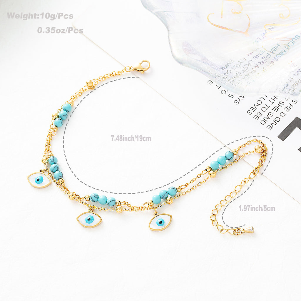 Titanium steel anklet with evil eye plating and multi-layered turquoise