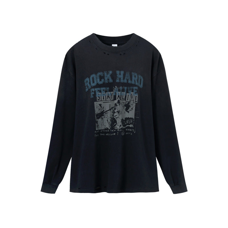 Long-sleeve T-shirt with vintage wash, dip-dye, and print.