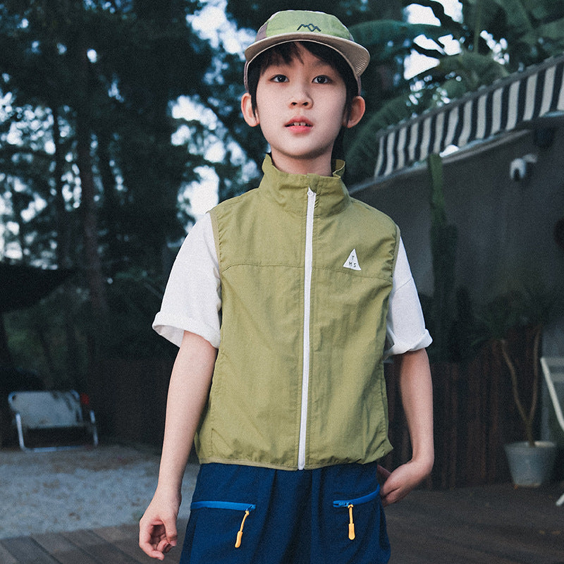 Middle and large children Mountain Style Plaid Color Block Stand Collar Vest