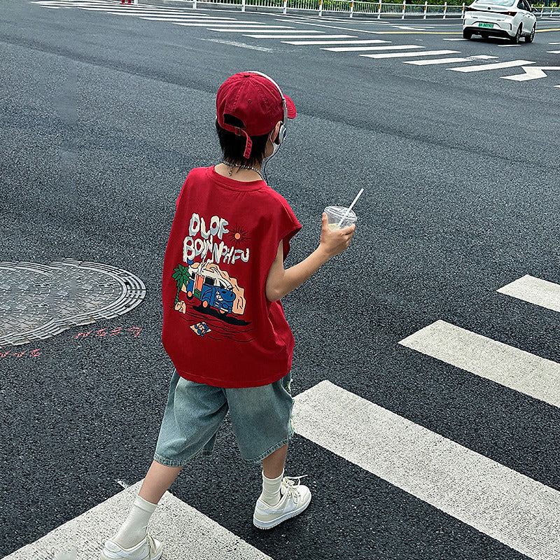 Boys' pure cotton sleeveless cropped-pant outfit