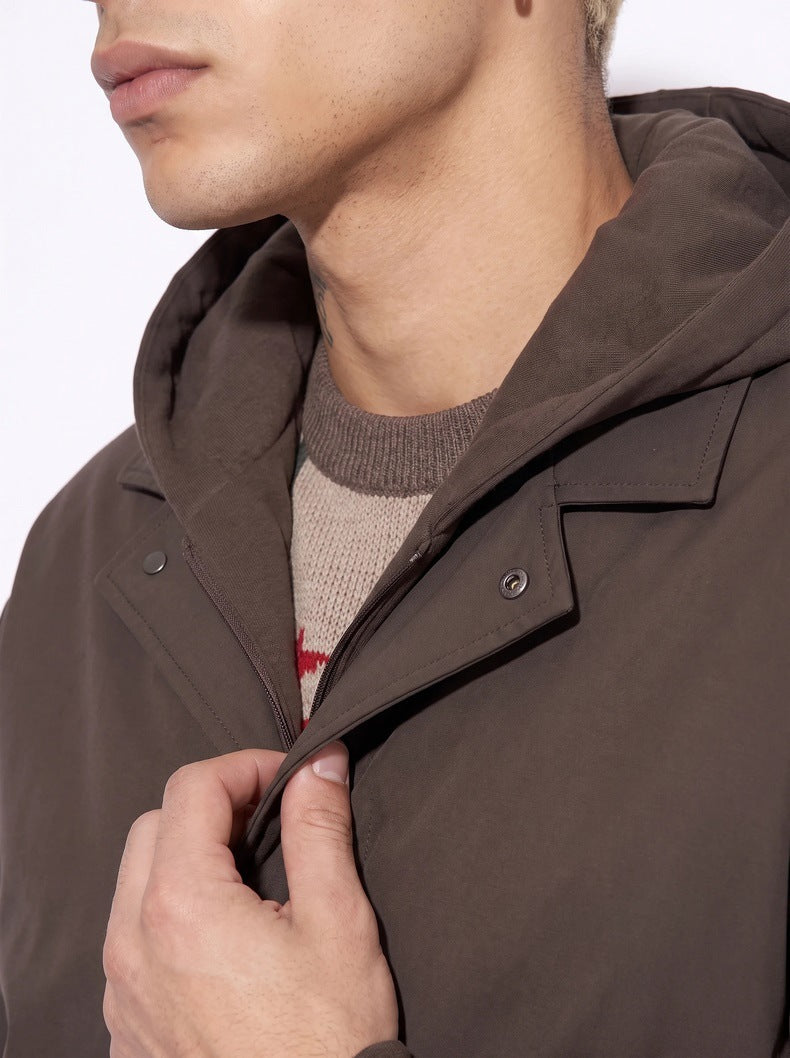 Faux two-piece fleece-lined street style short wide hooded cotton jacket for men