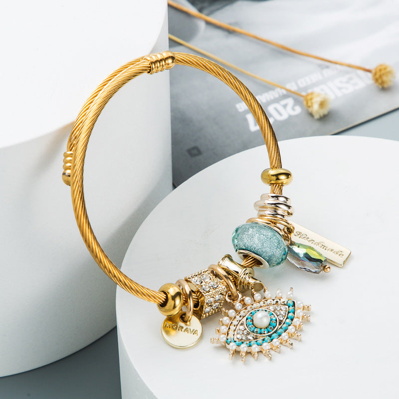 Personalized DIY Evil Eye Crystal Pendant Gold Plated Bracelet