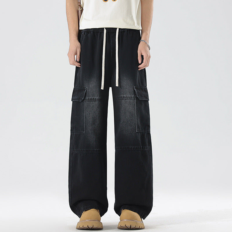 Men's American high street tooling jeans, retro loose straight wide-leg trousers, men's casual retro tooling trousers