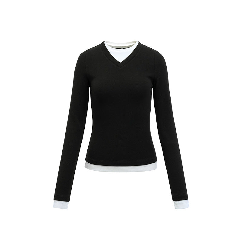 Women's Two-piece look V-neck contrast color top