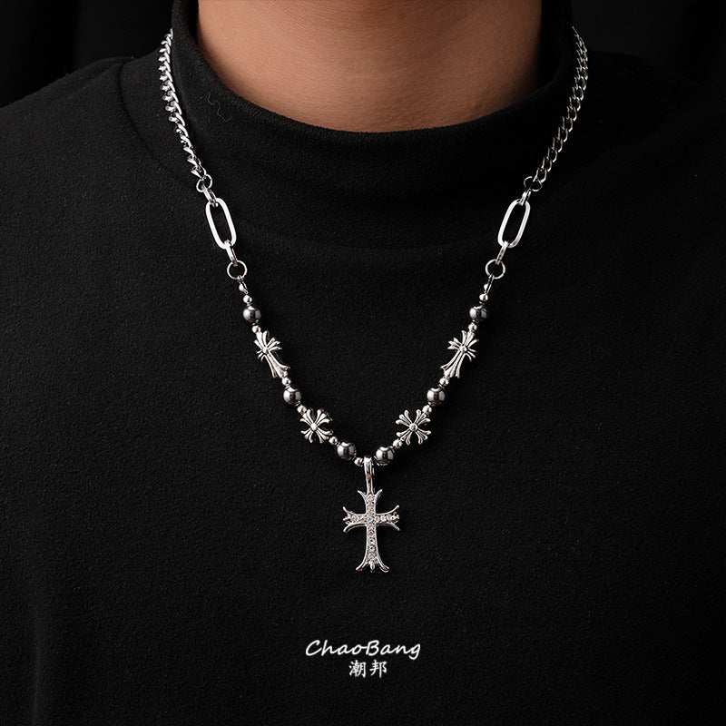 Chrome Hearts-style black bead and cross titanium steel necklace