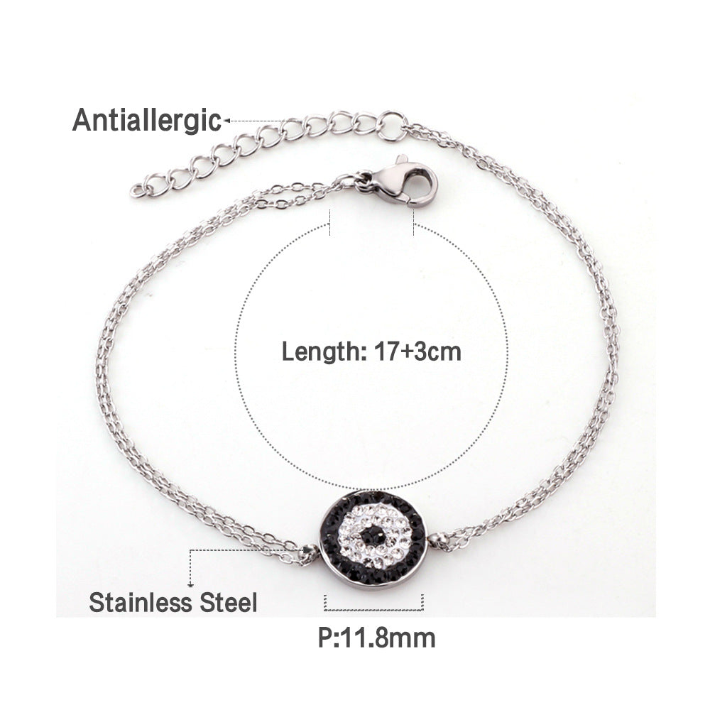 Mixed-color diamond-encrusted evil eye bracelet, stainless steel jewelry