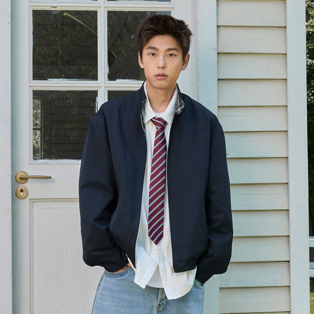 Double-sided retro plaid Harrington tooling jacket men's autumn trendy brand casual stand-up collar loose sports jacket