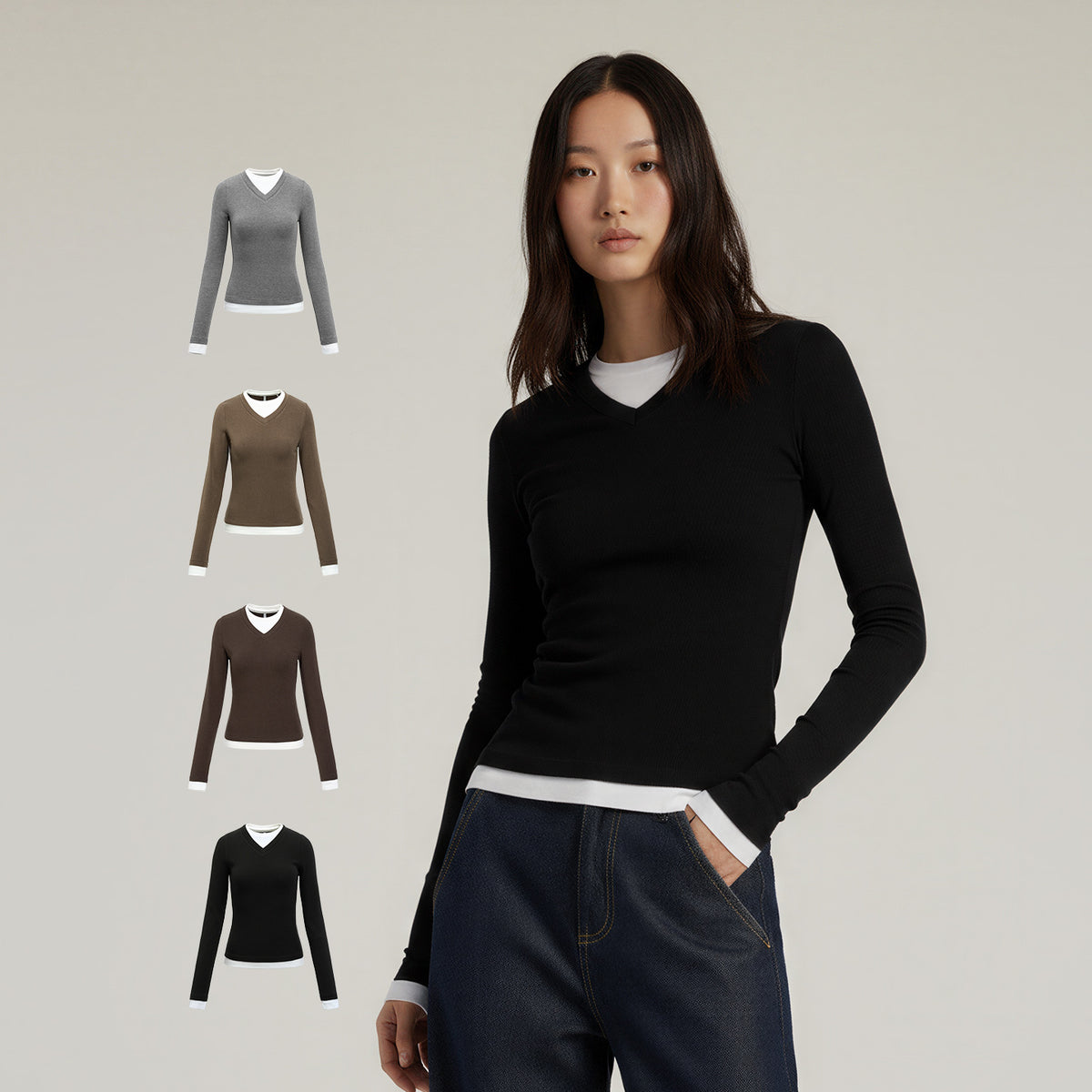 Women's Two-piece look V-neck contrast color top