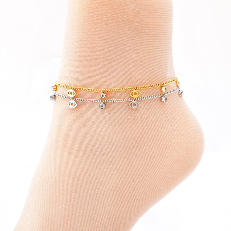 Trendy zircon evil eye anklet, colorfast