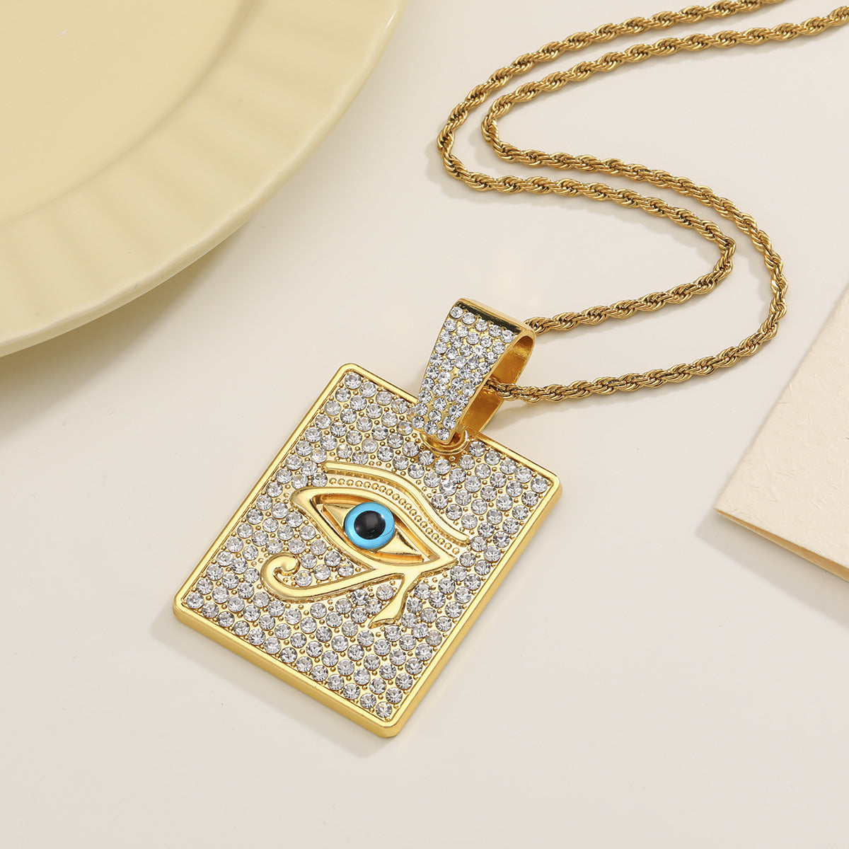 Street hip-hop square brand evil eye pendant necklace