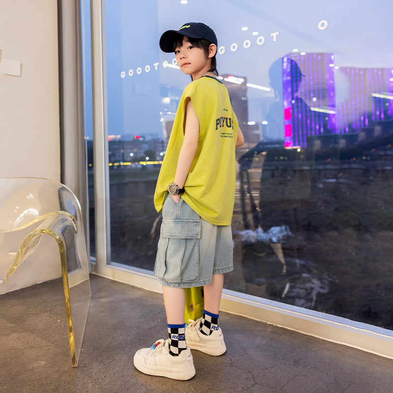 Boys' Soft Denim Cargo Shorts Large Pockets
