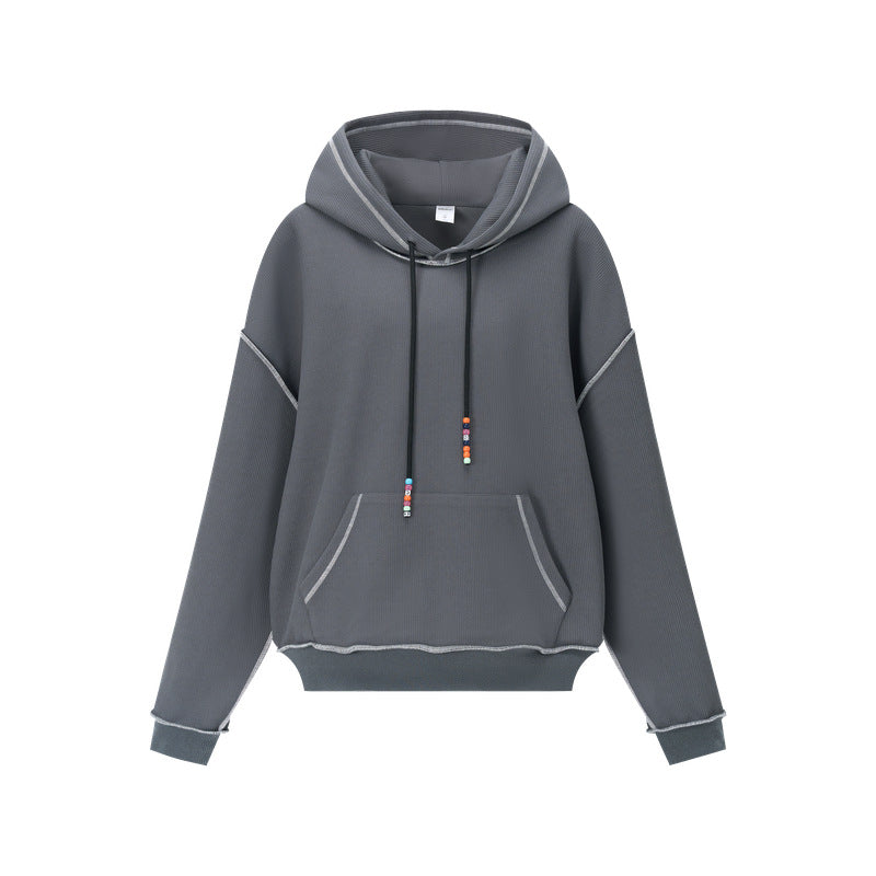 Color-block waffle-knit hoodie with beaded drawstring
