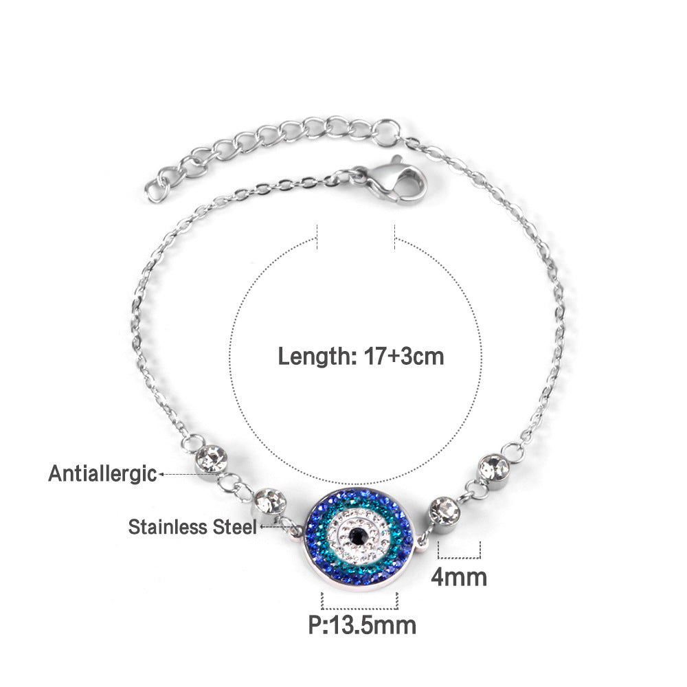 Mixed-color diamond-encrusted evil eye bracelet, stainless steel jewelry