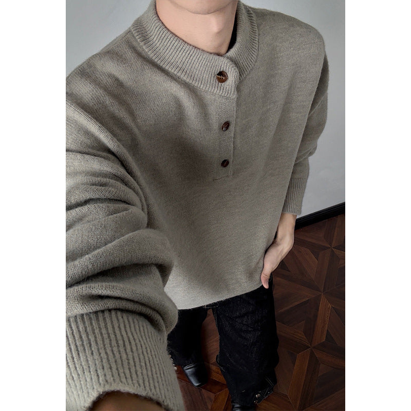 Men's Fall Winter Streetwear Henley Neck Loose Heavyweight Knit Sweater Jacket