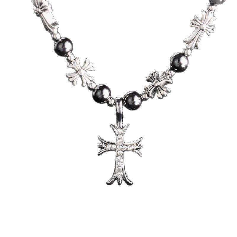 Chrome Hearts-style black bead and cross titanium steel necklace
