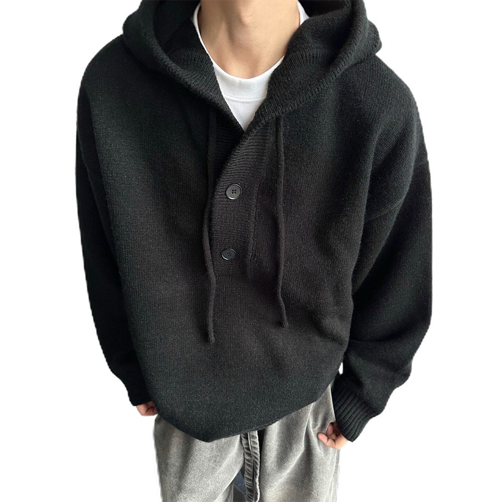 Men's Fall Winter Solid Color Hooded American-Style Loose Fit Knit Hoodie