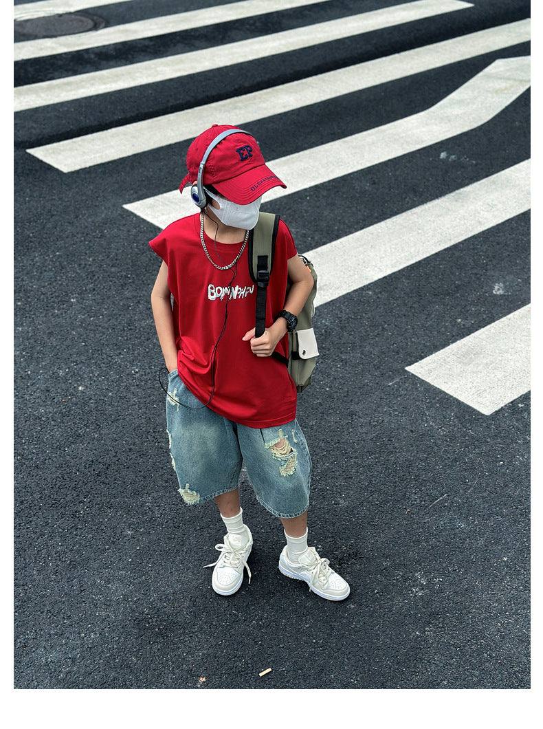 Boys' pure cotton sleeveless cropped-pant outfit