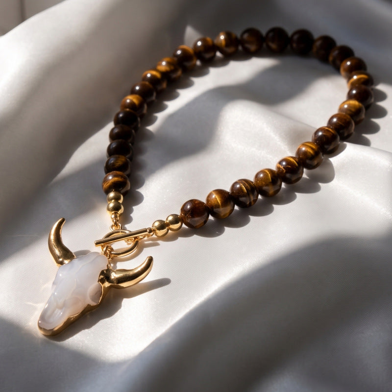 Bohemian Alloy Resin Bullhead Beaded Necklace
