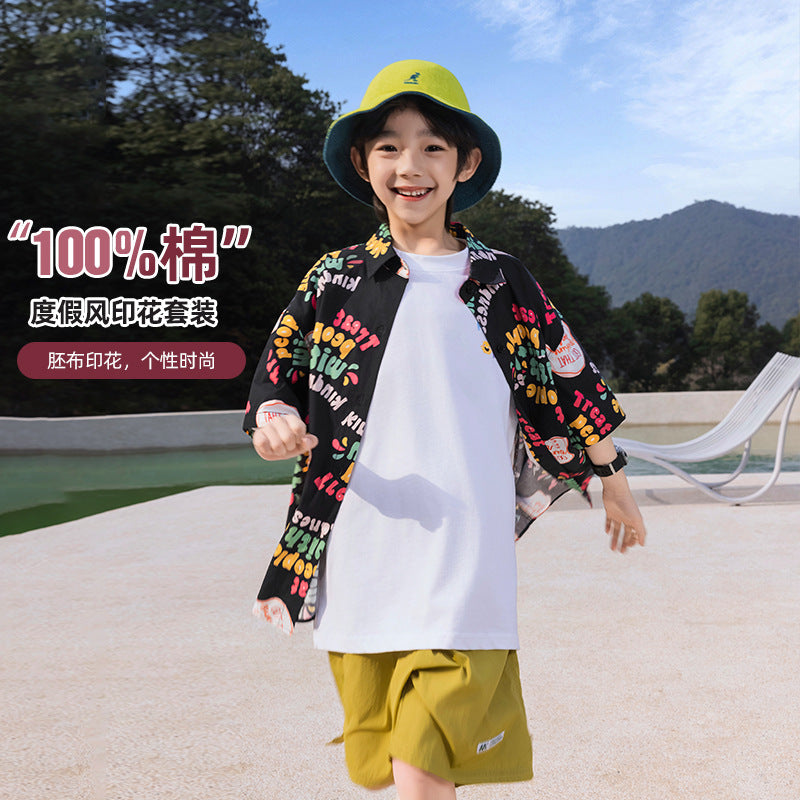 Boys' All-Over Print Pure Cotton Short-Sleeve Summer Shirt
