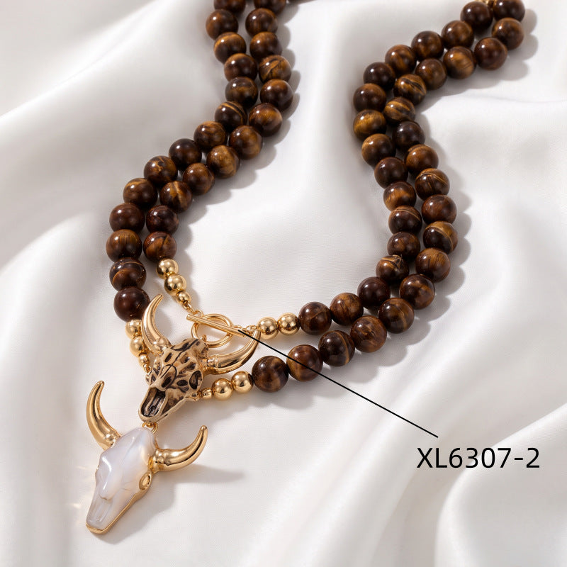 Bohemian Alloy Resin Bullhead Beaded Necklace