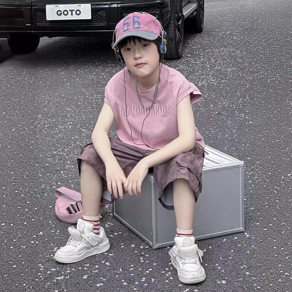 Dopamine Pink Class A Cotton Boys Summer Sleeveless Vest