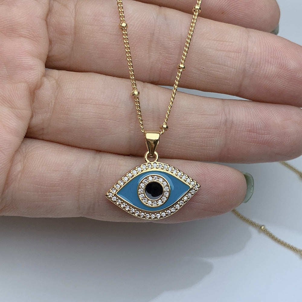 Oil-splashed zircon evil eye pendant necklace