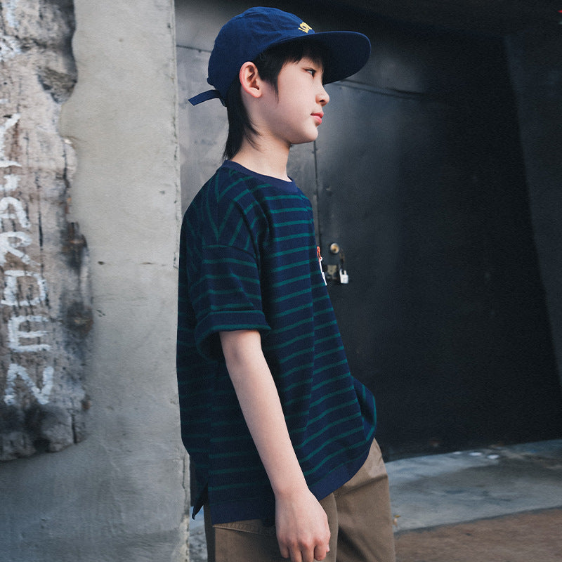 Boys Mountain Zipper Pocket Color Block Stripe Tee