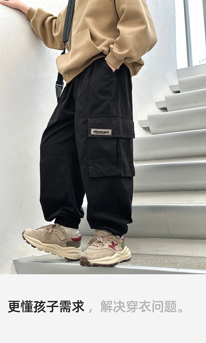 Boys Cotton Cargo Pants Big Pockets Casual Long Trousers for Kids
