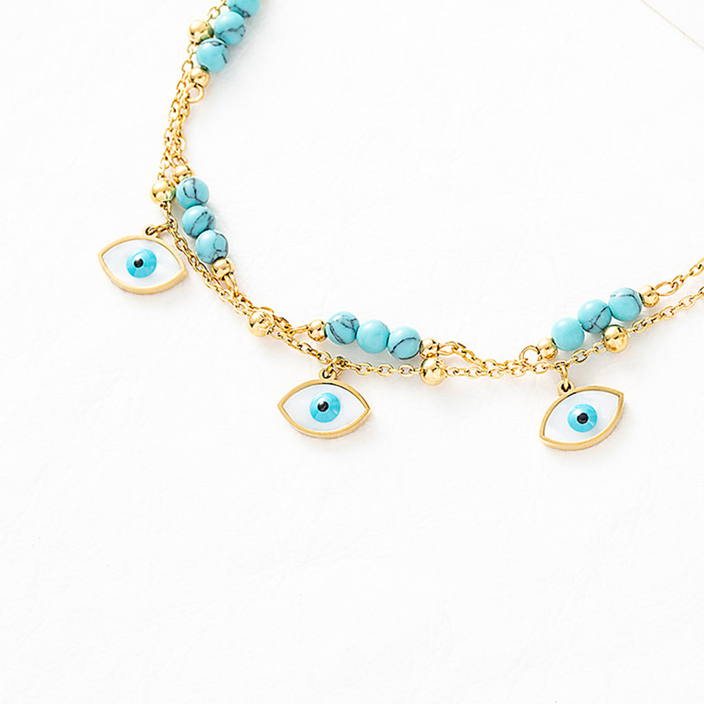 Titanium steel anklet with evil eye plating and multi-layered turquoise