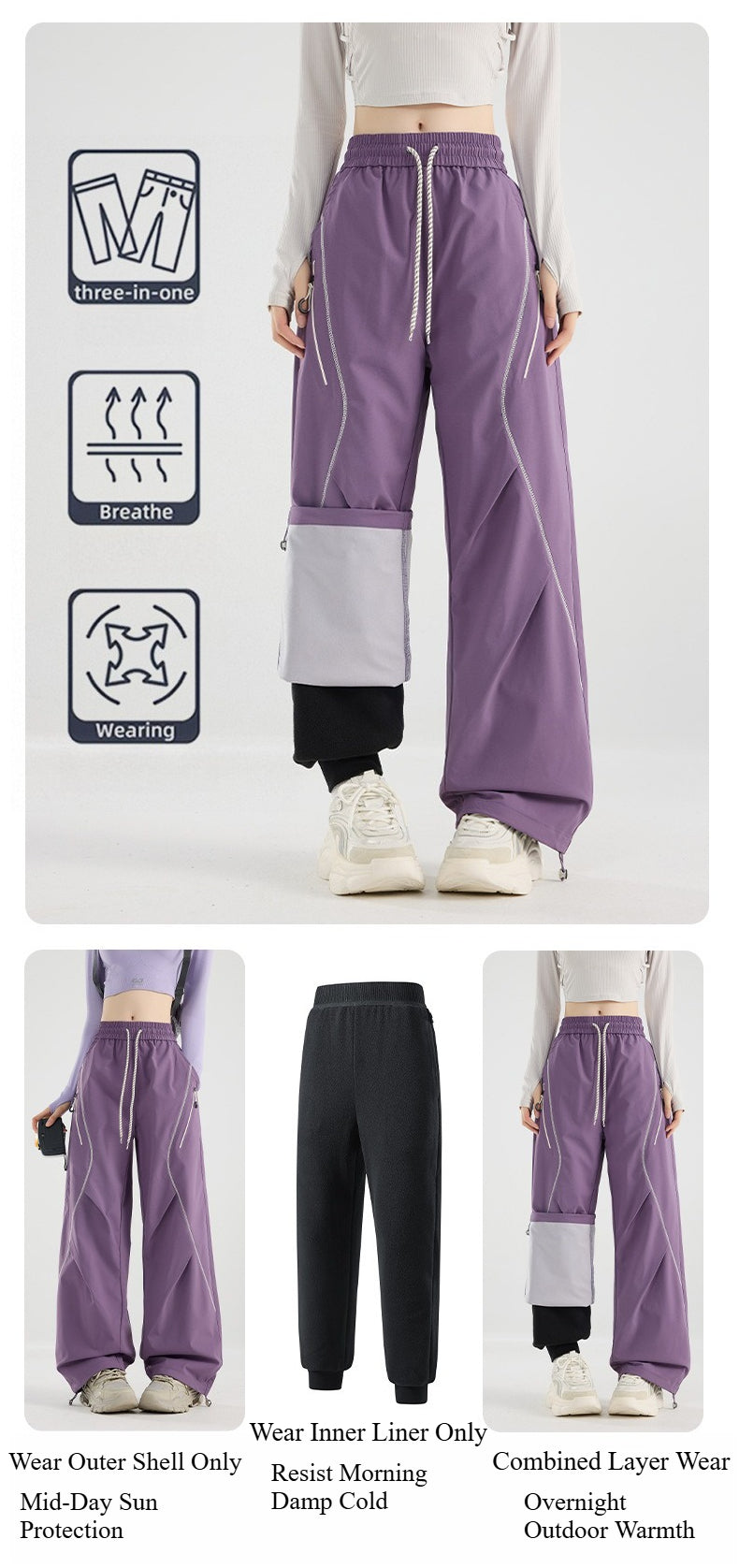 Unisex Detachable Waterproof Fleece‑Lined Outdoor Hiking Pants