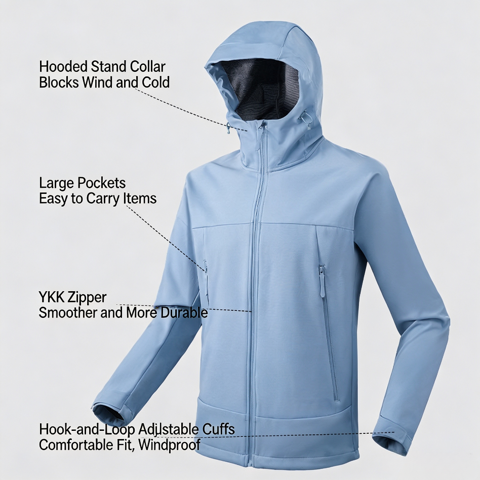 Men Women Loose Softshell Hooded Jacket Wind‑Resistant Water Repellent Outdoor Coat