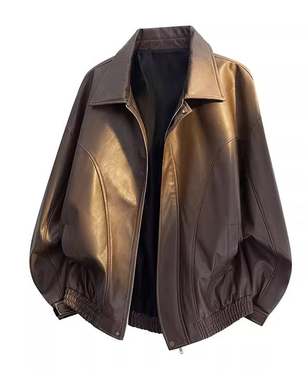 2025 new American retro brown locomotive leather jacket men's, Barn style ruffian handsome lapel jacket