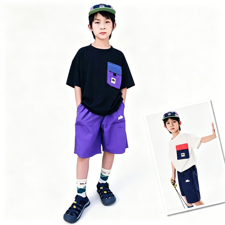 Boys' Outdoor-Style Color-Block Short-Sleeve Set with Pockets