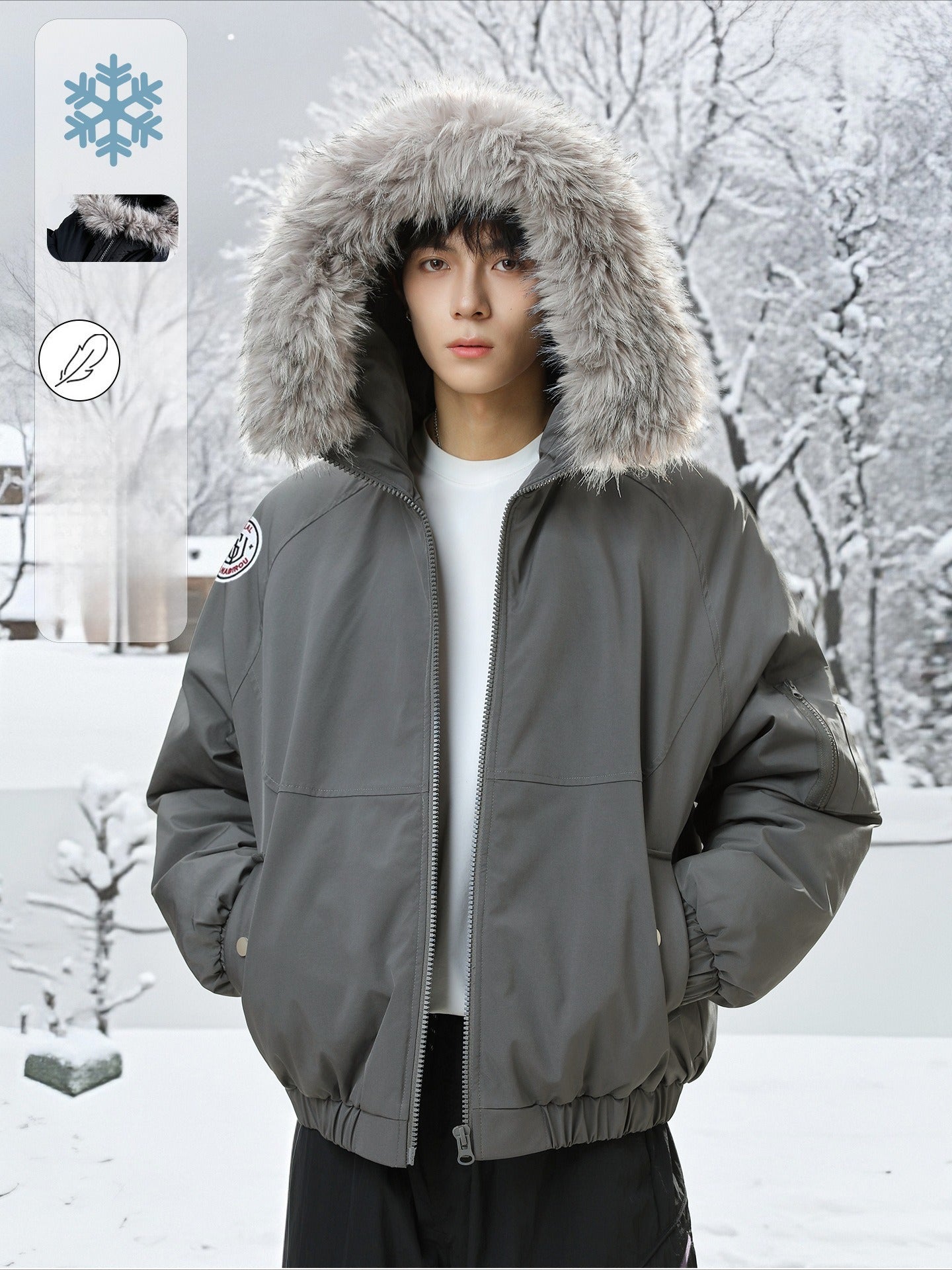 Detachable Fur Collar Hooded Cotton Jacket - Men's Winter Thickened Warm Workwear Water-Repellent Short & Wide