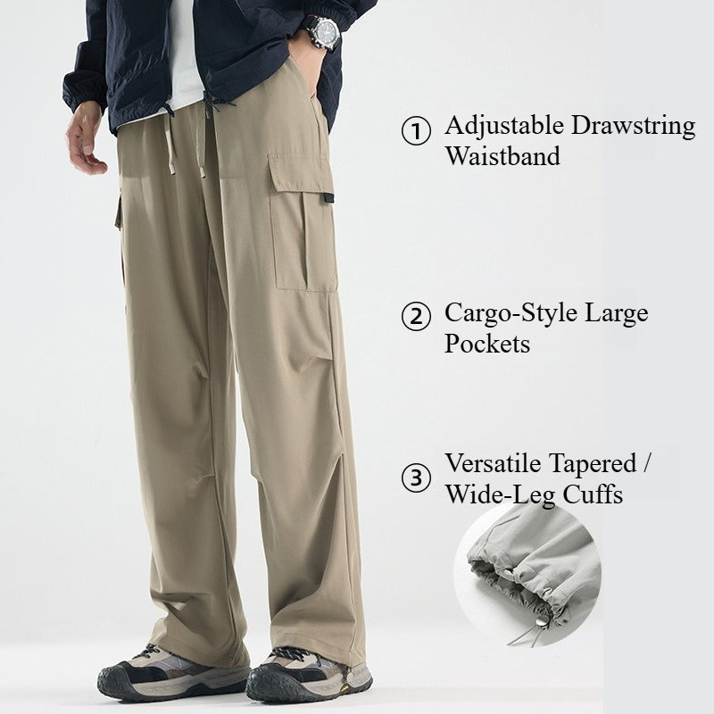 Men's Summer Thin Ice Silk Cargo Pants, Drawstring Cuffed Jogger Work Trousers