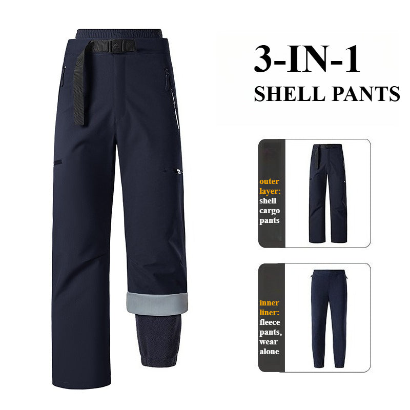 Unisex 3‑in‑1 Zip‑Off Hiking Pants, Detachable Fleece Lined Windproof Waterproof Outdoor Trousers