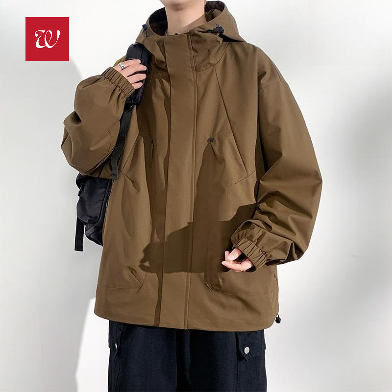 2025 new men's hooded jacket American casual large size tooling jacket top trendy