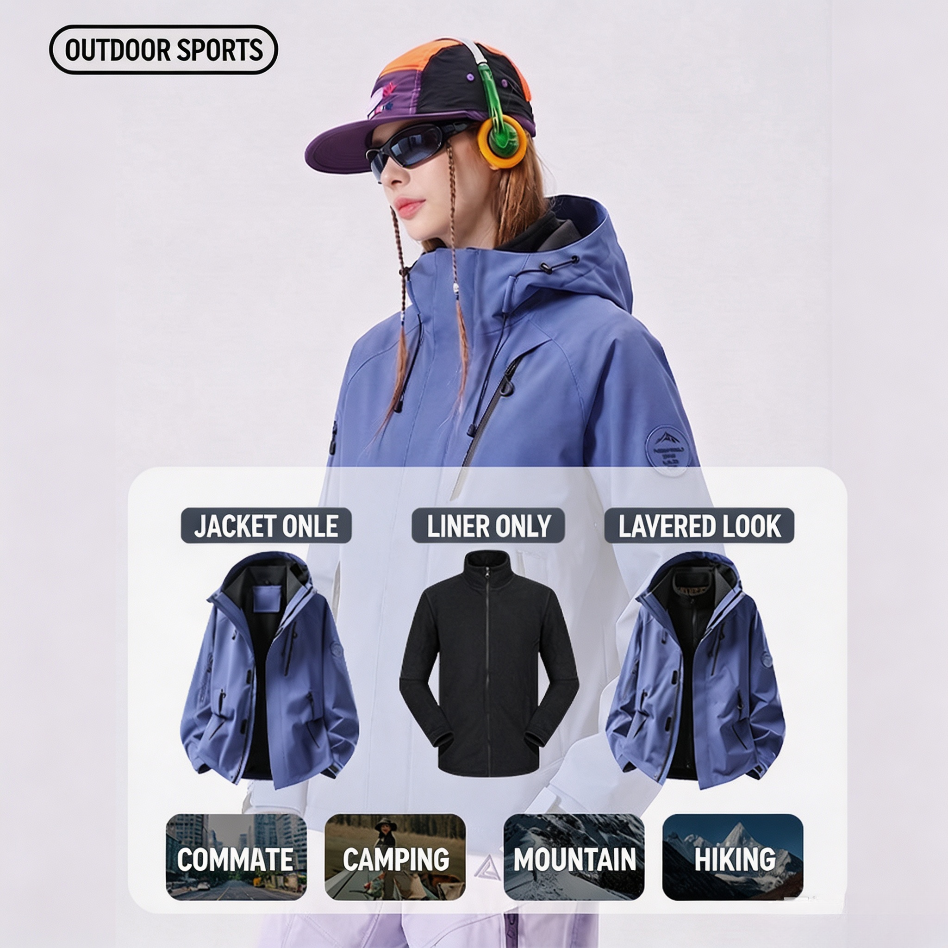 Camel Unisex 3‑in‑1 Detachable Jacket, Waterproof Windproof Warm Outdoor Hiking Mountaineering Coat for Men Women