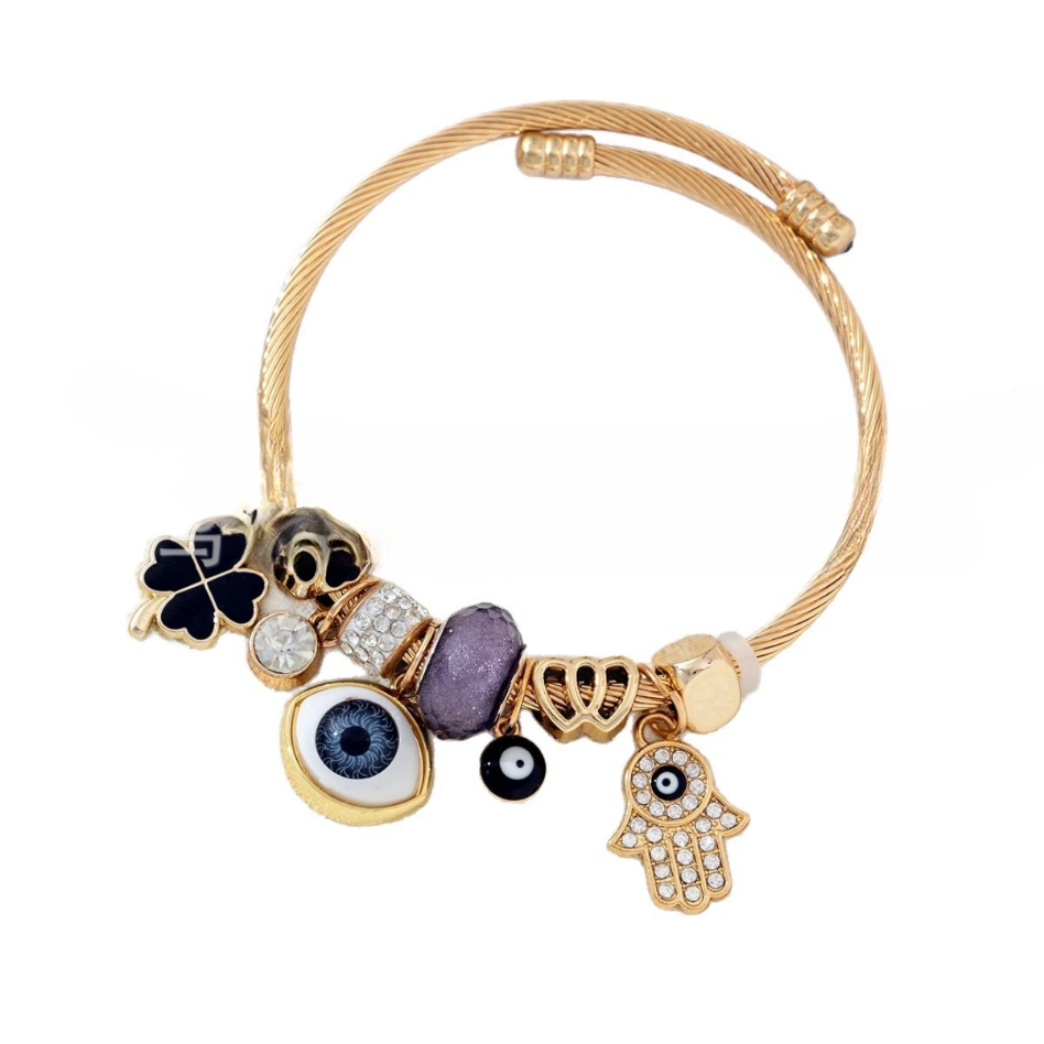 DIY Evil Eye Bracelet with Rhinestones, God's Hand, Four-Leaf Clover, and Heart Design
