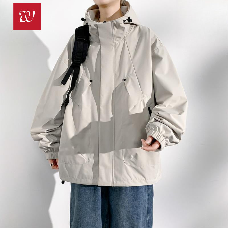 2025 new men's hooded jacket American casual large size tooling jacket top trendy