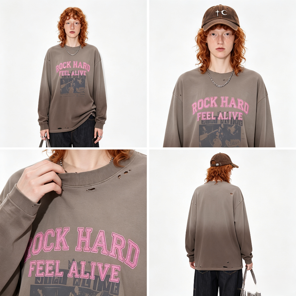 Long-sleeve T-shirt with vintage wash, dip-dye, and print.
