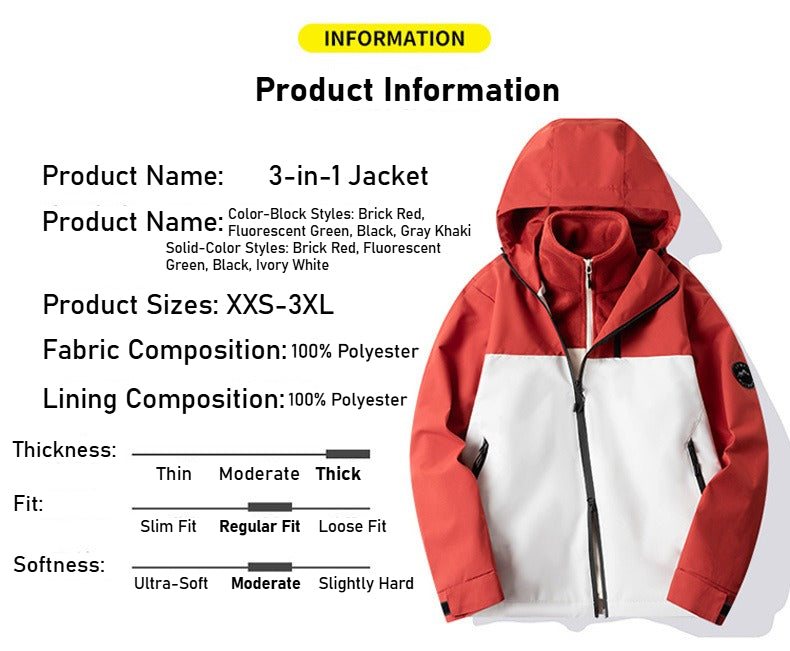 Autumn and winter three-proof jacket for men and women outdoor sports waterproof mountaineering hooded jacket