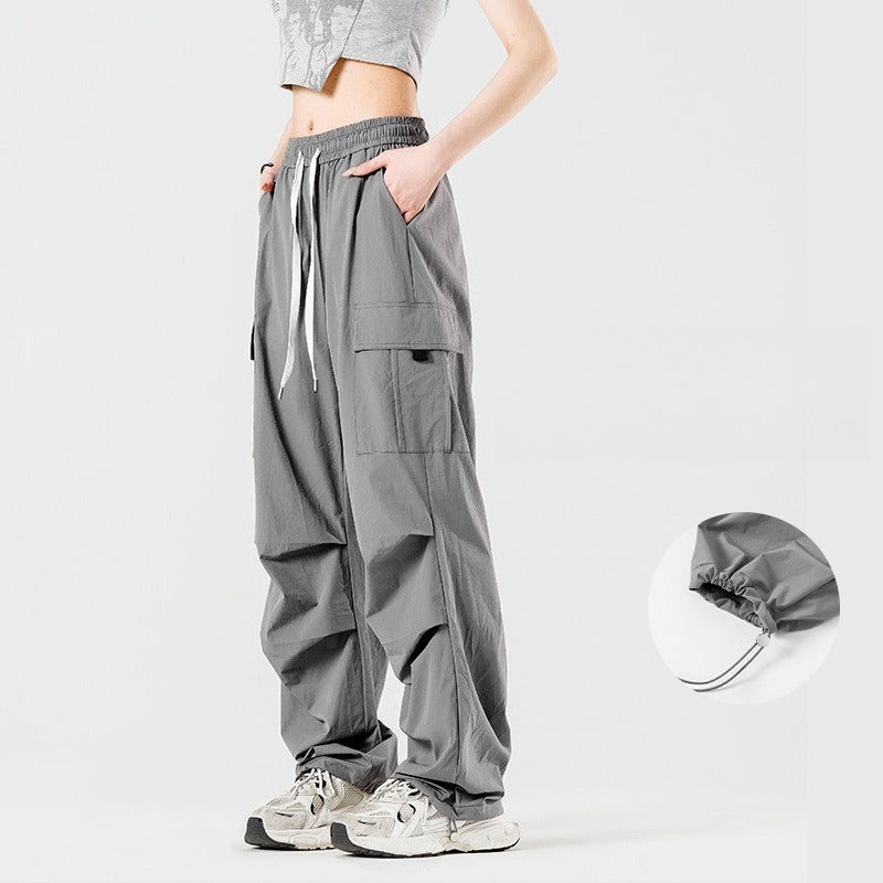 Unisex UPF50+ Ice‑Silk Wide Leg Cargo Pants, Water‑Repellent Quick‑Dry Drapy Summer Paratrooper Trousers