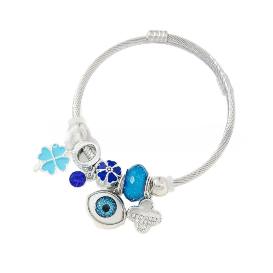 DIY Evil Eye Bracelet with Rhinestones, Four-Leaf Clover, and Heart Design